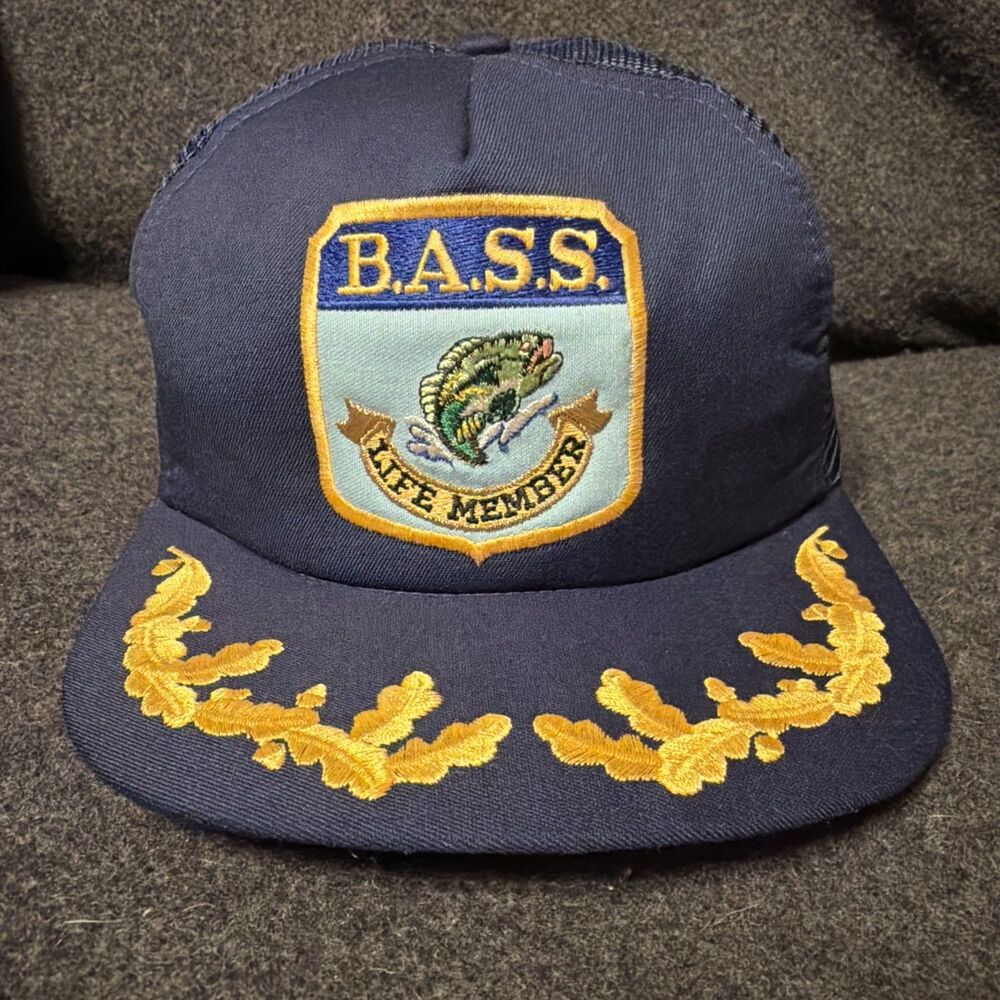 Vintage Bass Fishing Life Member Patch Mesh Trucker Hat Gold Leaf Made in USA